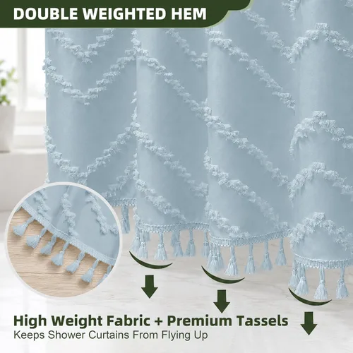 Vista 189 de Cortina de ducha Siiluminisoy de 36x72 beige, cortina de ducha de tela de tamaño pequeño, cortinas de ducha de tela con tufting, diseño chevron a