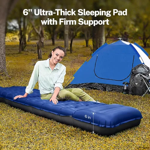 Vista 17 de OGERY Colchoneta de dormir para campamento, almohadilla de dormir reforzada extra gruesa de 6 pulgadas con almohadas y bomba de pie integrada Azul