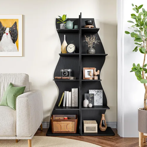 Vista 2 de LITTLE TREE Estantería de esquina pequeña, estantería moderna de esquina de pared de 5 niveles para libros, elegante librero estante