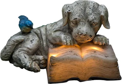 Vista 5 de Topadorn Estatua de jardín solar para cachorros con libro LED brillante, perro de resina pintado a mano con pájaro azul, decoración de patio al aire