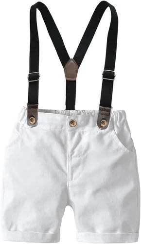 Vista 3 de Conjunto de traje de caballero para niños pequeños, camisa de manga corta + tirante + pantalones cortos + pajarita, 4 piezas para niños pequeños
