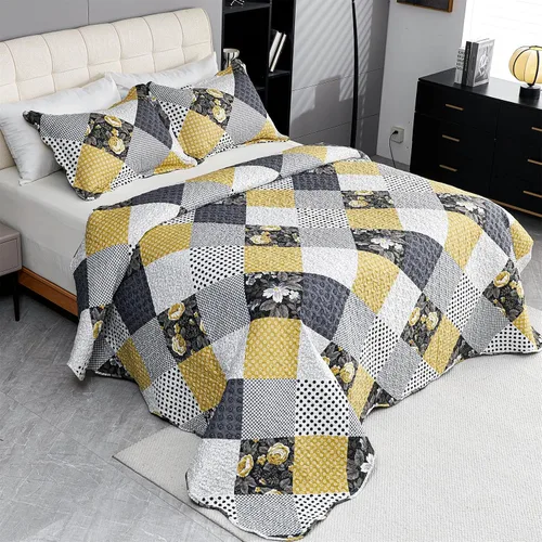 Vista 17 de Cmfshape - Juego de cama con edredón acolchado floral de verano tamaño king, juego de colcha rosa romántico, cubrecama reversible cosido para todas