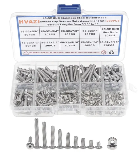 Vista 8 de #2-56#4-40#6-32 UNC Kit de surtido de tornillos de casquillo de cabeza de botón y tuercas de acero inoxidable 390PCS Stainless Steel Button Head