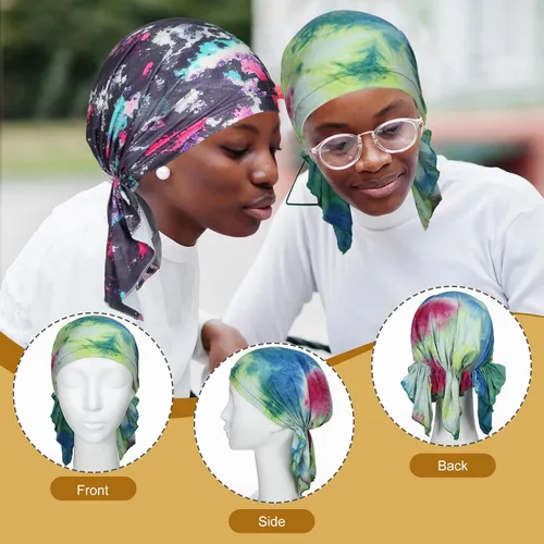 Vista 3 de Geyoga 6 unidades de bufanda para la cabeza para mujer, bufandas preatadas, gorros, gorros, con estampado elástico, para dormir, turbante, bufanda