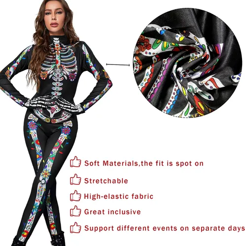 Vista 6 de 3D Skeleton Costume Adult Women, Skeleton Halloween for Costumes Women Dia De Los Muertos Costume Woman
