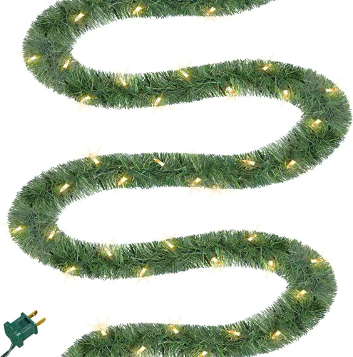 Vista 9 de Biswing Guirnalda verde de Navidad preiluminada de 15 pies, guirnaldas de pino artificial iluminadas con 35 luces multicolor, conectables e