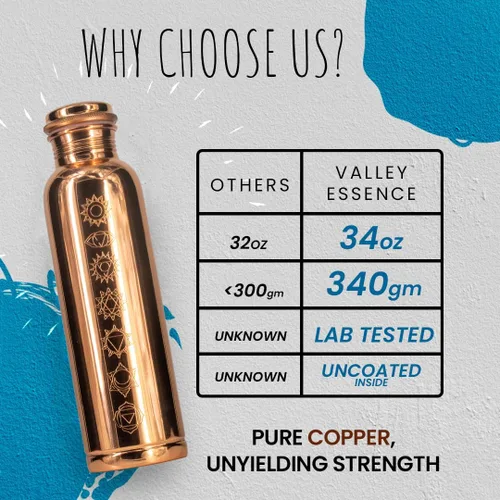 Vista 3 de Botella de agua ayurvédica de cobre puro de alta calidad, 34 onzas, tapa a prueba de fugas, diseño duradero de 11.99 oz Hidratación saludable