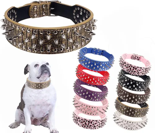 Vista 7 de PU - Collar para perro de piel sintética ajustable de 2.0 in, tachonado con clavos, Negro Collar de protección ajustable para el cuello