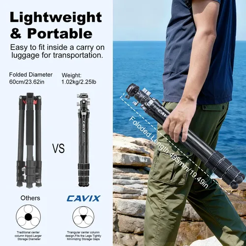 Vista 2 de CAVIX Trípode de fibra de carbono de 57 pulgadas/57.1 in, trípode ligero para cámara, cabezal de bola de trípode panorámico de 360°, placa QR Arca