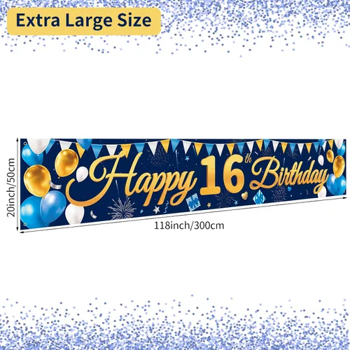 Vista 3 de Pancarta Grande de Telón de Fondo Feliz Cumpleaños 16 Azul Dorado, Cartel de Cumpleaños 16, Suministros de Decoración de Fiesta de 16 Años