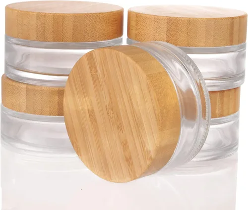 Vista 10 de COSIDEA 18 frascos vacíos de vidrio transparente redondos de 1.7 onzas fluidas con tapas de bambú, tarro de crema de madera, recipientes de viaje
