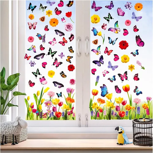 Vista 3 de Calcomanías de primavera para ventana, encanta tus ventanas de cristal con 127 piezas en 9 hojas, diseños de tulipanes, mariposas y flores para una