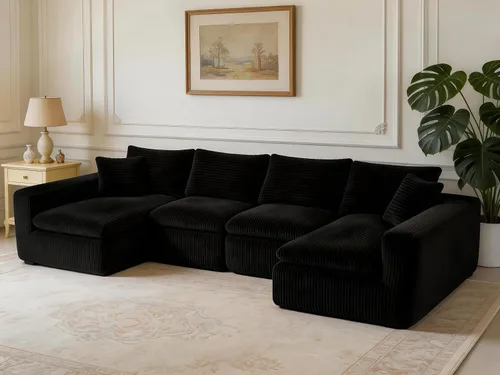 Vista 15 de THSUPER 130'' Oversized U Shaped Deep Seat Boneless Sectional Couch. Beige 6-Seat Plush Corduroy Cloud Sofa, No Assembly Required, 19" Extra-High