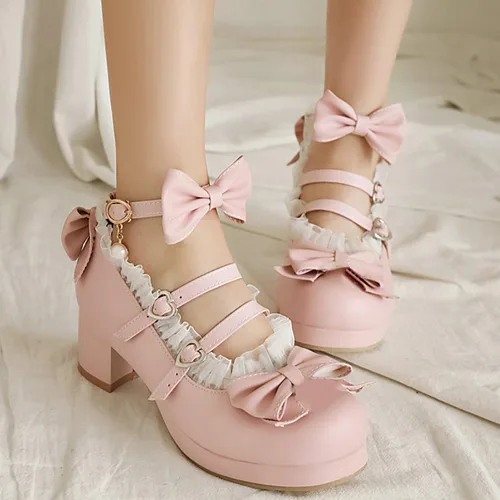Vista 6 de LUXMAX Zapatos lindos para mujer, zapatos kawaii, tacón de bloque medio, plataforma Mary Janes, zapatos de vestir para cosplay, con correa