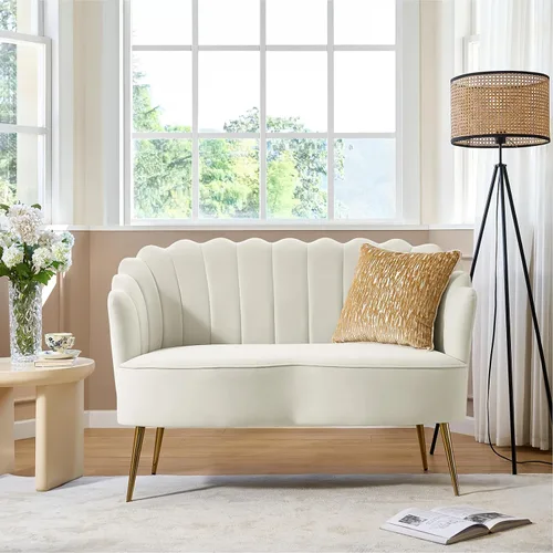 Vista 30 de HULALA HOME Silla decorativa moderna de terciopelo con respaldo en forma de concha, bonito sillón para sala de estar, dormitorio con patas doradas