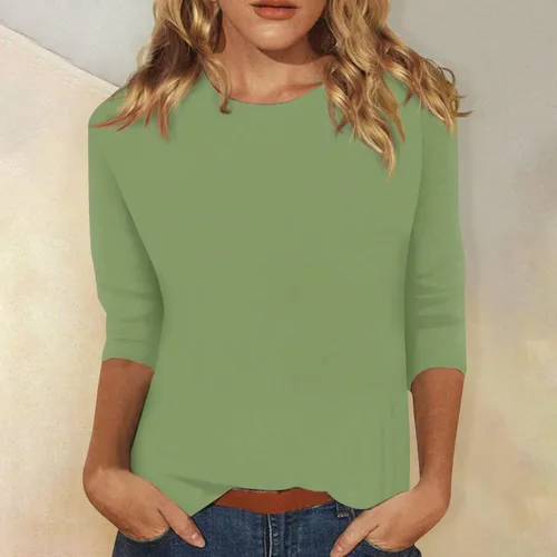 Vista 2 de Blusas casuales de verano para mujer, manga 34, cuello redondo, color sólido, lindas, ajuste holgado