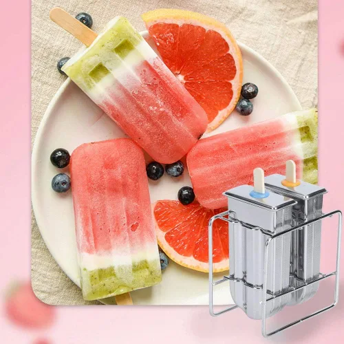 Vista 2 de Molde de paletas de acero inoxidable, moldes para paletas de hielo con estante, 55 palitos de bambú, cepillo de limpieza, 10 bolsas de burbujas (A)