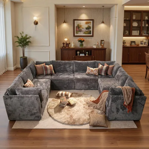 Vista 38 de Ovios - Sofá modular con diván en forma de U y otomanas, cómodo y mullido, tapizado en pana estilo nube, moderno, asiento profundo, juego de sofás