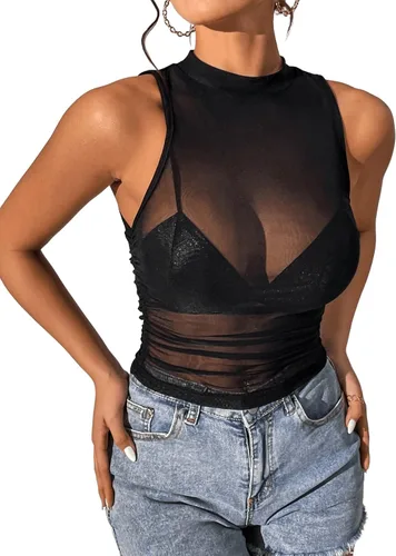 Vista 5 de SweatyRocks Camiseta sin mangas con cuello alto falso para mujer, ajustada, fruncida, de malla transparente