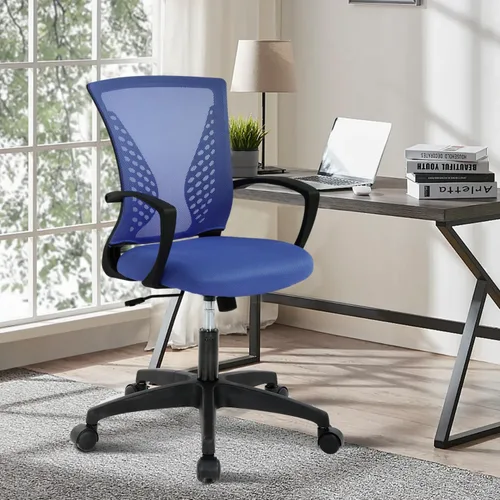 Vista 14 de Silla de oficina de malla con ruedas, silla de escritorio ergonómica de respaldo medio con brazos y soporte lumbar, cómoda silla de computadora