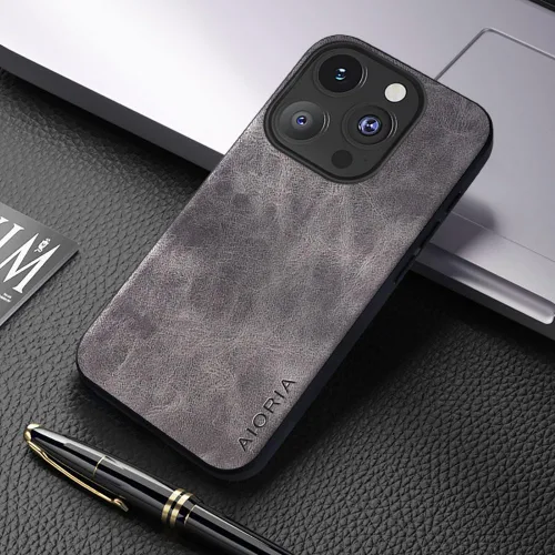 Vista 2 de AIORIA Compatible con iPhone 15 Pro, funda de cuero de alta calidad, diseño retro, funda protectora completa compatible con iPhone 15 Pro 5G (gris)