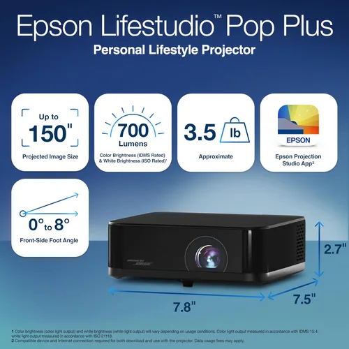 Vista 7 de Epson Lifestudio Pop Plus 4K PRO-UHD - Proyector personal de estilo de vida, 700 lúmenes de color y brillo blanco, sonido por Bose, Google TV, motor