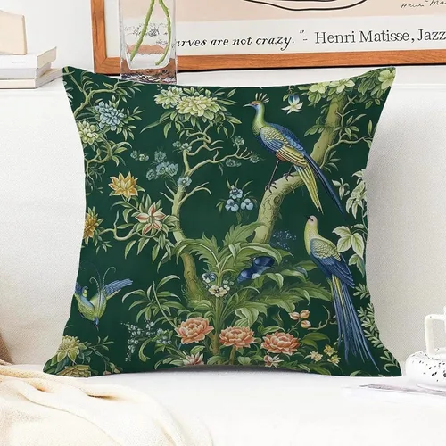 Vista 2 de Fundas de almohada chinoiserie verde turquesa floral y pájaro con cremallera de 16 x 16 pulgadas, fundas de almohada de lino para sofá, dormitorio