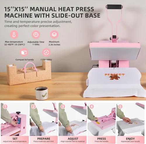 Vista 7 de Máquina manual de prensa térmica de 15 x 15 pulgadas, con base deslizante, rosa para camisetas prendas de vestir bolsa textil cortina mousepad