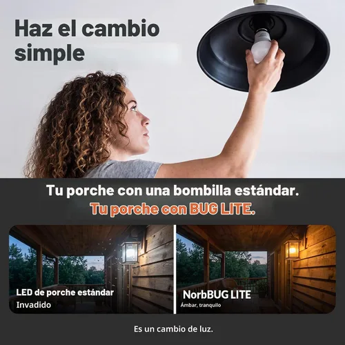 Vista 5 de Norb BUG LITE Bombillas para insectos Bombilla LED ámbar A19 E26 9 W 960 lúmenes 2000 K y eficiencia energética Espectro libre de azul