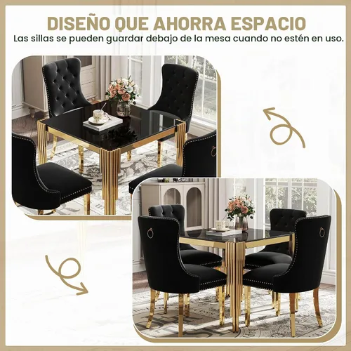 Vista 6 de Juego de mesa de comedor de cristal de 5 piezas para 4, mesa de cocina cuadrada de 37 pulgadas con 4 sillas tapizadas de terciopelo negro, mesa