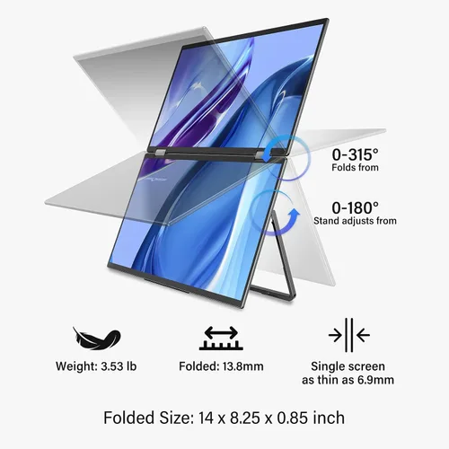 Vista 6 de InnoView Monitor Portátil Dual 4K de 15.6 pulgadas 3840x2160P 100% sRGB Owl Eye Vision - Diseño Plegable con Ajuste de Pantalla de 315°, Soporte