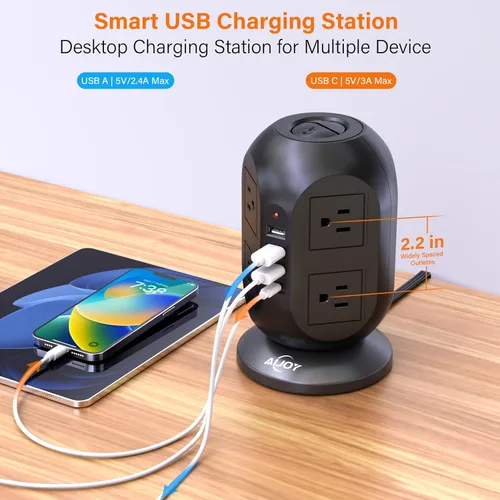 Vista 5 de AiJoy Torre de regleta de protección contra sobretensiones con 8 tomas, 4 puertos USB (1 USB-C), cable de extensión plano de 10 pies con múltiples