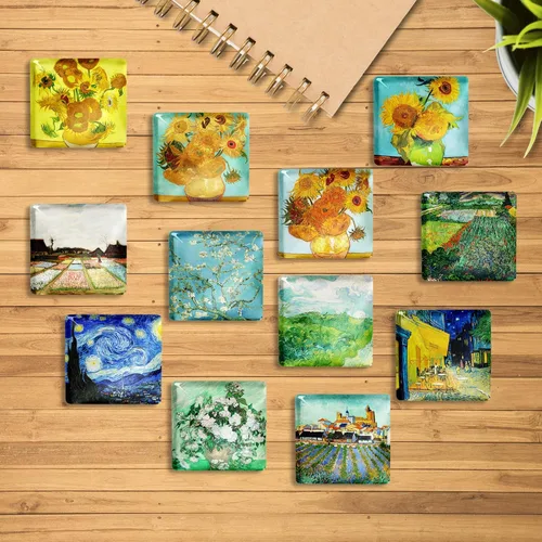 Vista 7 de Berkin Arts 12 piezas lindo cuadrado de cristal fuerte imán magnético refrigerador girasol noche estrellada Vincent Van Gogh Series