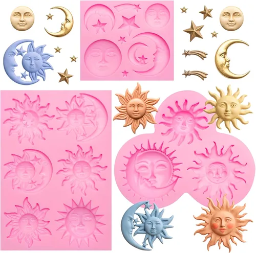 Vista 14 de Juego de moldes de silicona, formas de estrella de sol y luna, rosa, moldes para hornear dulces de chocolate, 5 piezas con temática celestial