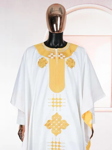 Vista 4 de HD Ropa Africana para Hombre Agbada con Bordado, Conjunto de Camiseta y Pantalón Dashiki 3 Piezas Blanco-g