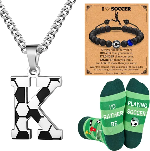 Vista 14 de Soccer Gifts Set A-Z Letter Soccer Necklace for Men Novelty Soccer Socks&Soccer Bracelets for Soccer Lovers