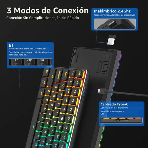 Vista 2 de Camiysn Teclado mecánico inalámbrico RGB Moon84 modo triple 2.4 GHz/BT/USB-C con cable de oficina teclado negro para computadora, computadora