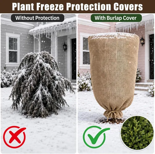 Vista 5 de 1 pieza cubierta de arpillera para plantas de invierno de 45.3 x 70.9 pulgadas, bolsas grandes de arpillera con cordón, cubiertas reutilizables