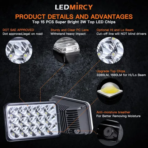 Vista 4 de LEDMIRCY Luces LED de 4 x 6 pulgadas, 4 unidades, luz LED rectangular de haz alto y bajo H4651 H4652 H4656 H4666 H6545 H4668 H4642 para Chevy Truck