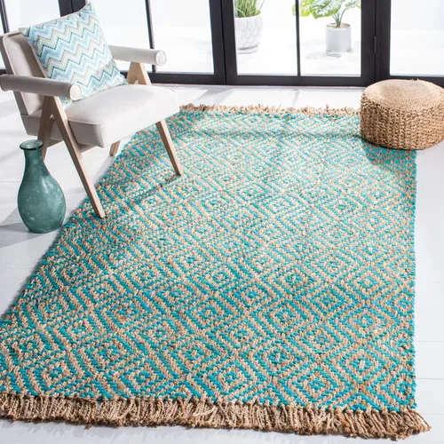 Vista 24 de SAFAVIEH Natural Fiber Collection - Alfombra decorativa, 2.3 x 4 pies, azul tropical y natural, yute bohemio con borlas de diamante, hecho a mano