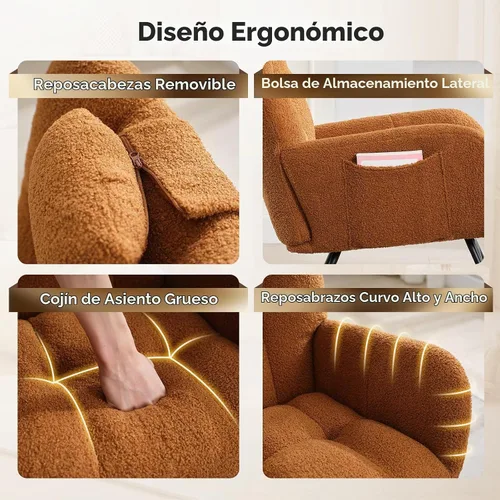 Vista 5 de Mecedora deslizadora tapizada con patas de madera para sala de estar, dormitorio, cuarto de bebé, incluye bolsillos laterales
