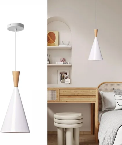 Vista 9 de BOKT Lámpara colgante moderna de cono blanco – Mini accesorio colgante de granero individual, vintage de mediados de siglo, 15.4 pulgadas de alto