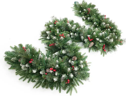 Vista 10 de Guirnalda de Navidad artificial preiluminada de 9 pies con 50 luces LED, funciona con pilas, decoraciones navideñas con rama de 300 puntas
