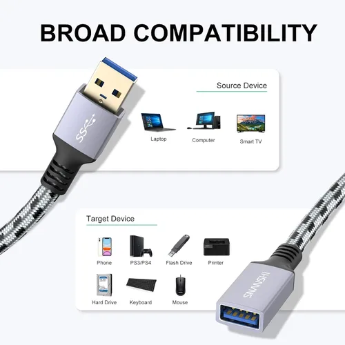 Vista 3 de Cable de extensión USB 3.3 pies - Cable de extensión USB 3.0 tipo A, macho a hembra, transferencia de datos de 5 Gbps para teclado, mouse, unidad