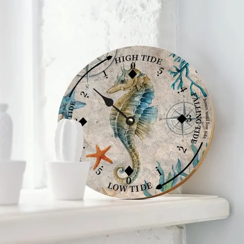 Vista 2 de Ocean Hippocampus Reloj de marea de madera, 10 pulgadas, reloj de pared, unisex, pantalla analógica, funciona con pilas Estilo-7