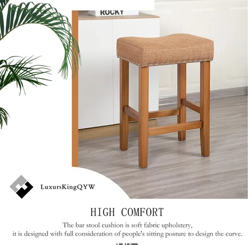 Vista 4 de Juego de 2 taburetes de bar de madera maciza con tela de cojín suave, altura de mostrador, taburetes de bar para interiores, 2 unidades (caramelo)
