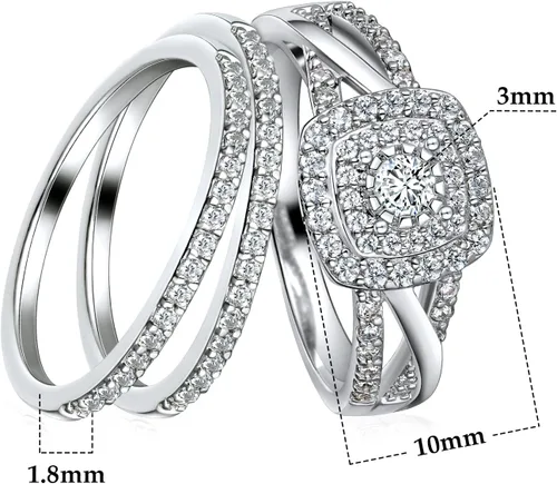 Vista 6 de MDFUN Juego de anillos de compromiso cuadrados con halo de boda, anillo de compromiso chapado en oro blanco de 18 quilates, anillo de eternidad