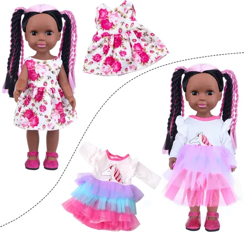 Vista 4 de ZNTWEI Muñeca de bebé negra de 14.5 pulgadas y conjunto de accesorios de ropa. Muñeca de bebé afroamericana de cabello trenzado hecha a mano.