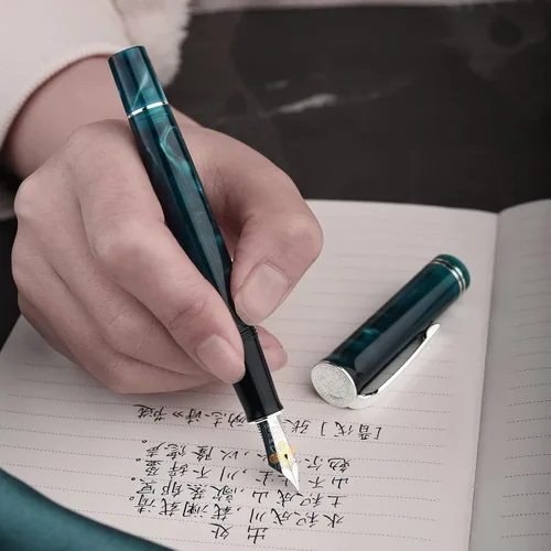 Vista 8 de HONG DIAN N2 - Pluma estilográfica, punta fina de iridio, diseño acrílico azul turquesa, bolígrafo de escritura suave con convertidor y juego