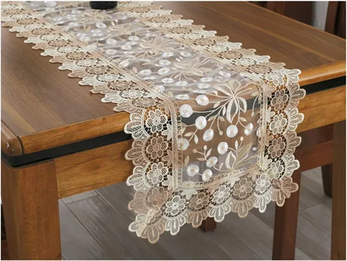 Vista 2 de Camino de mesa con bordado floral de encaje, bufanda rectangular transparente de poliéster para decoración de mesa del hogar, comedor, 16 x 35 Beige